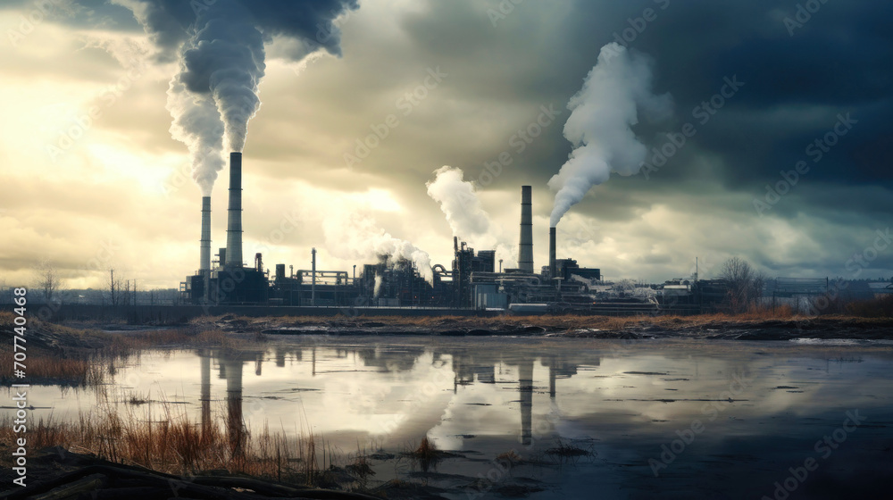A large factory or power plant with large chimneys that produce large amounts of gases and smoke. The topic of air pollution
