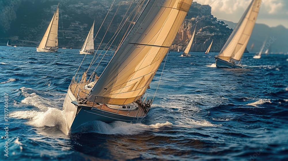 A Sleek sailing yachts racing, Crisp white sails. Generative AI. - obrazy, fototapety, plakaty 