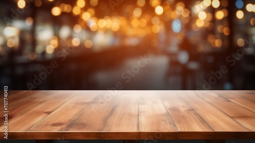 Cozy Vintage Cafe: Wooden Table Top on Blurred Counter, Perfect Background for Rustic Designs and Coffee Shop Concepts