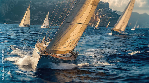 A Sleek sailing yachts racing, Crisp white sails. Generative AI. © visoot