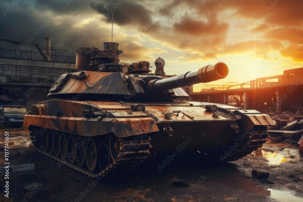 Tank in the sunset. Military tank in army base garage. Military war and defense equipment