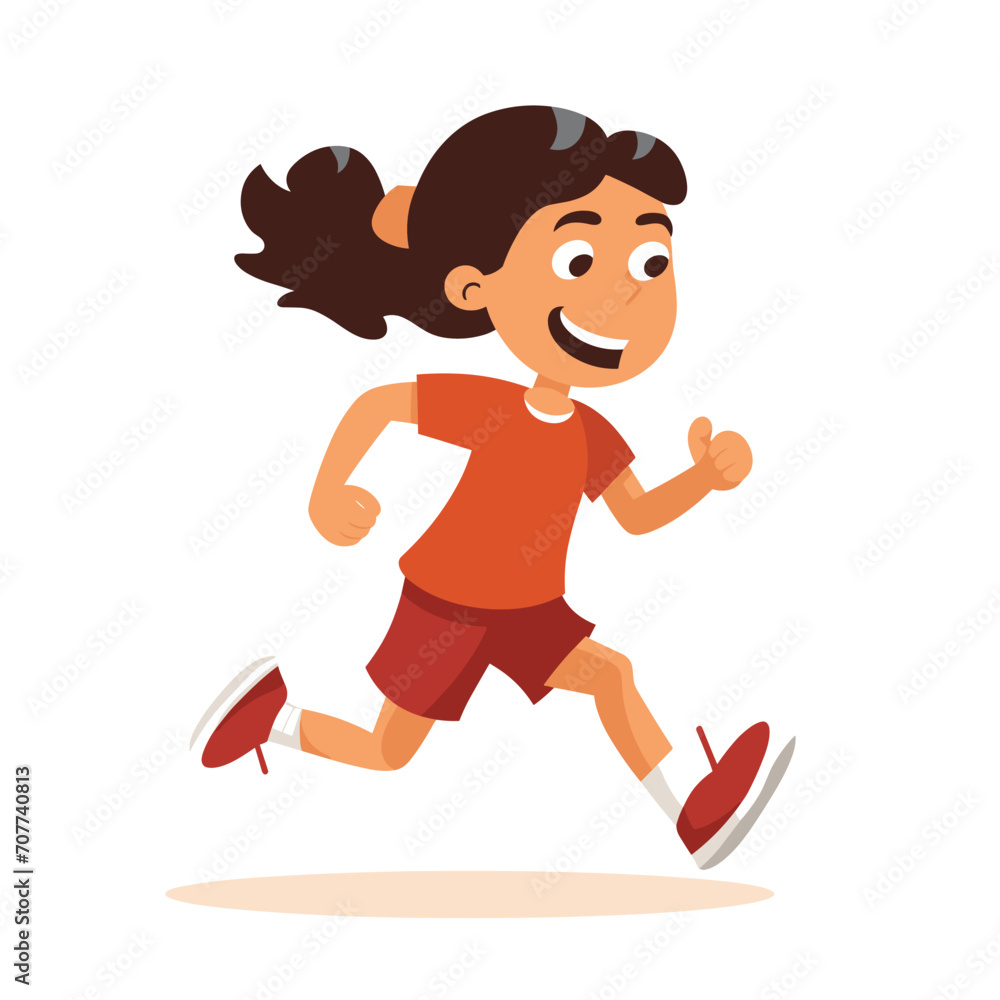 A cheerful girl with a ponytail is running energetically in a cartoon vector illustration.