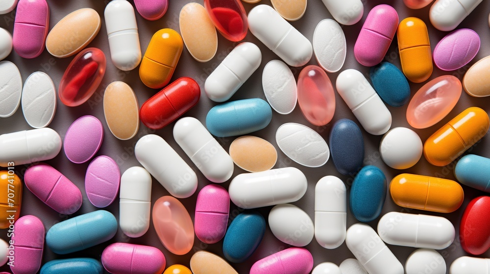 Fill the view of different coloured pills and capsules. Medical care concept. Generative AI Fill the view of different coloured pills and capsules. Medical care concept. Generative AI