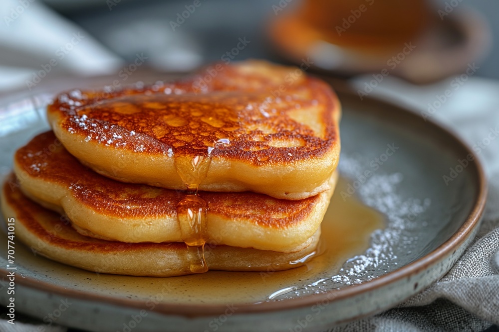 stack of heart-shaped pancakes with honey on a plate. View from above. Served on the kitchen table for breakfast stack of heart-shaped pancakes with honey on a plate. View from above. Served on the kitchen table for breakfast