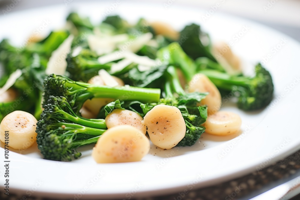 macro shot of orecchiette, broccoli rabe details on plate macro shot of orecchiette, broccoli rabe details on plate