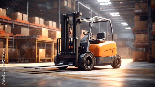 Forklift in a warehouse. Lifting and moving loads.