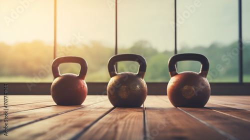 Kettlebells on a wooden platform with soft natural photo