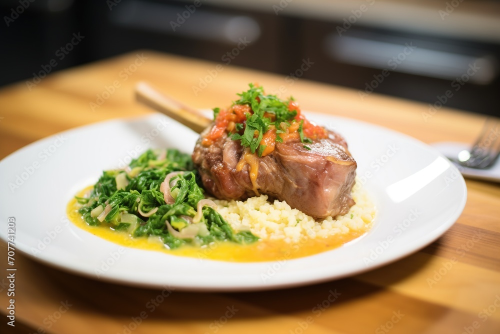 osso buco plated with gremolata and risotto