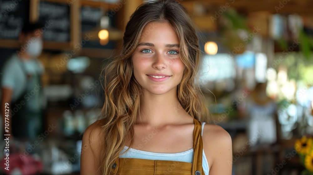 Waist length portrait of young beautiful smiling woman in shop. She working cashier Waist length portrait of young beautiful smiling woman in shop. She working cashier