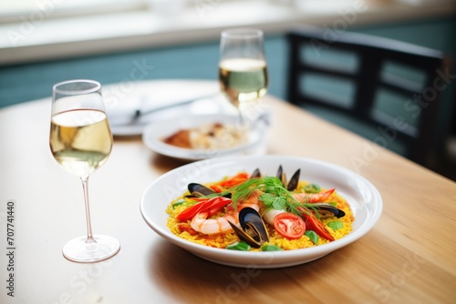 paella served with a glass of white wine on the side