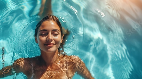 Awesome tan beautiful young woman swimming in the pool. Ai generative photo