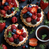 A variety citrus and berry tartlets desserts and cup of coffee, Top view. Generative AI.