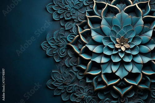 Eastern-Inspired Decorative Background: Deep Navy Blue Canvas Adorned with Islamic-Style Rosette. Perfect for Banners, Backgrounds, or Wallpapers, Infusing Elegance and Cultural Richness