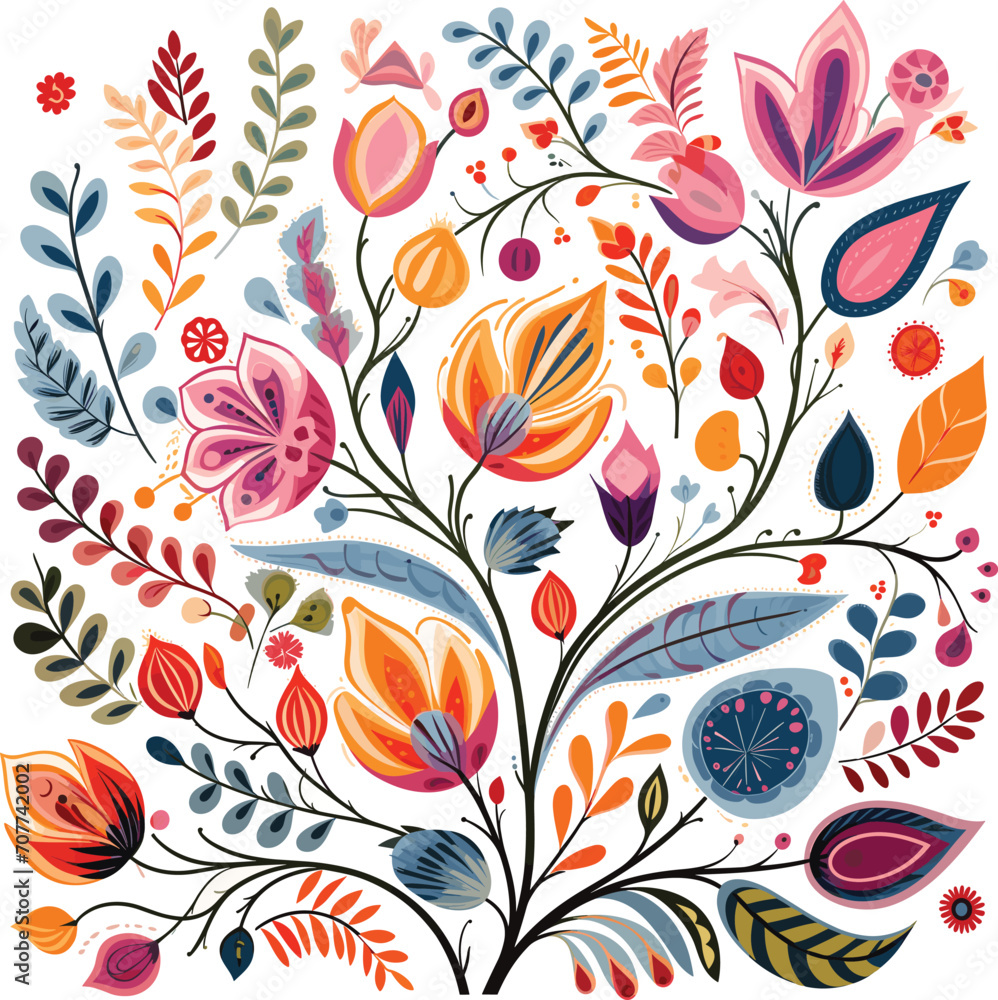 A colorful tree with stylized flowers and leaves is depicted in the vector illustration.
