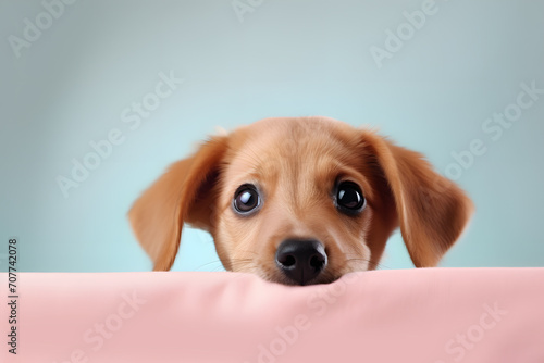 Cute dog peeking out from above pink cloth with pastel blue background © Firn