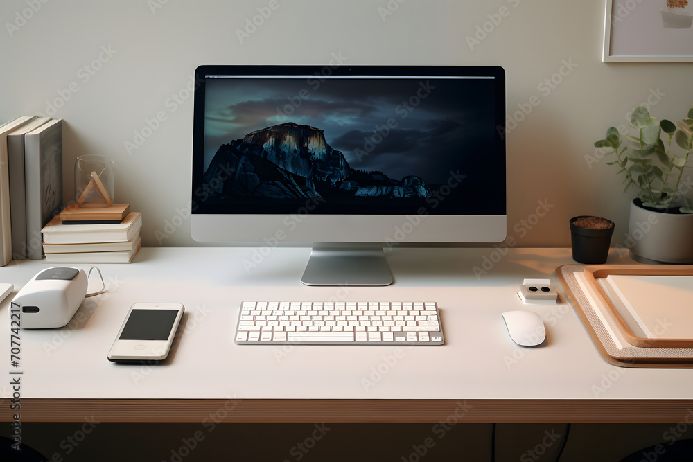 White modern desk with computer display. Free space for text. Top view. Headset, books , pad, plant, mug, keyboard, pen, mouse and dial beside. White modern desk with computer display. Free space for text. Top view. Headset, books , pad, plant, mug, keyboard, pen, mouse and dial beside.