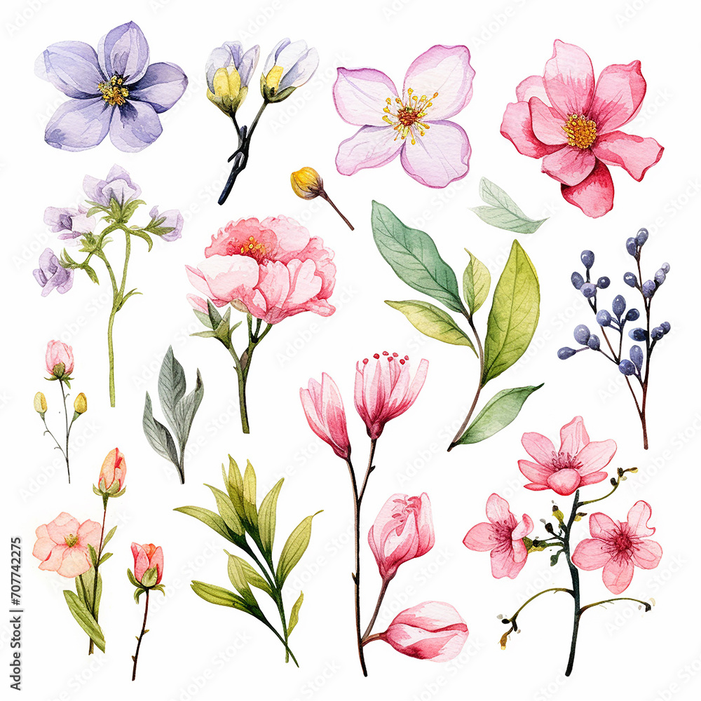 Set of watercolor spring flowers. Hand drawn floral elements. Vector illustration.