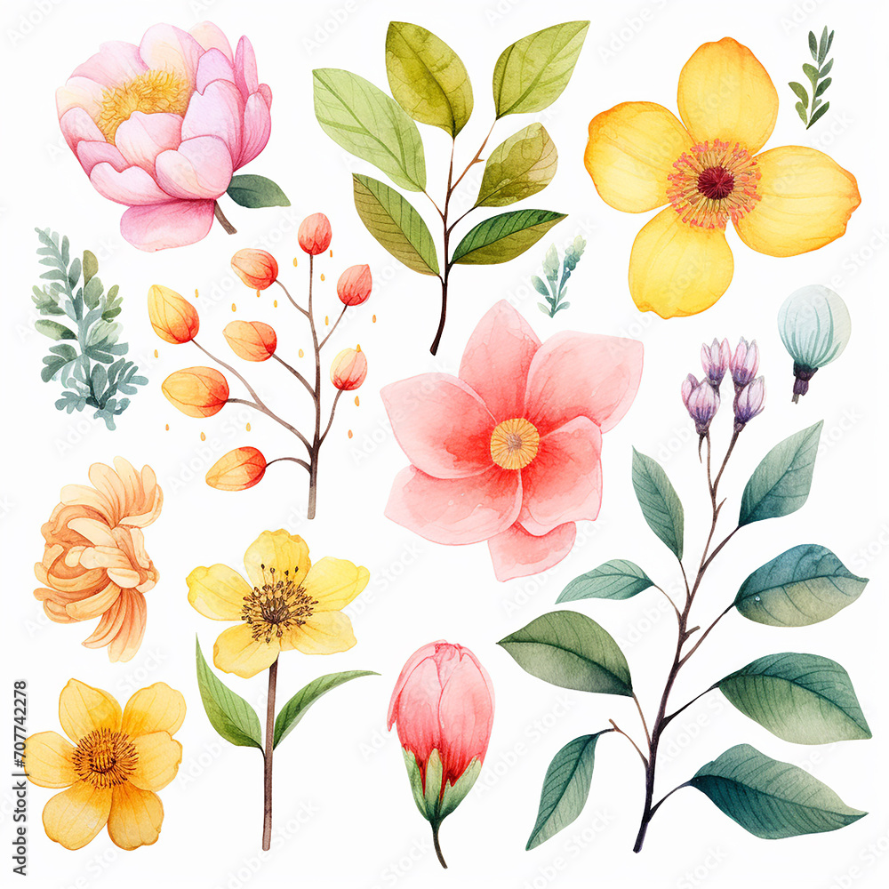 Set of watercolor flowers and leaves. Hand drawn vector illustration. Set of watercolor flowers and leaves. Hand drawn vector illustration.