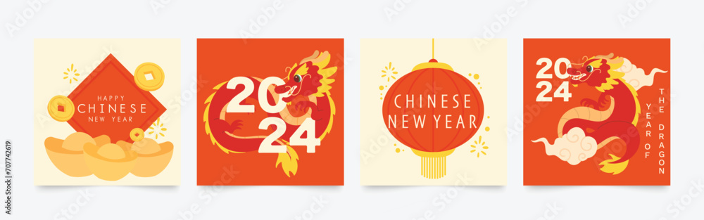 Chinese New Year square cover background vector. Year of the dragon design with dragon, lantern, cloud, coin, ingots gold. Modern oriental illustration for cover, banner, website, social media.