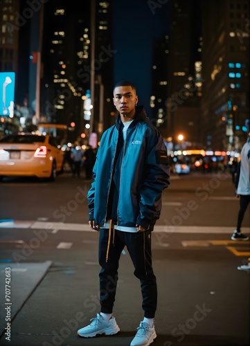"Nocturnal Elegance: A Stylish Man Strikes a Pose in the City Lights" "Urban Chic under Moonlight: Striking Poses in the Night Cityscape Ai generative