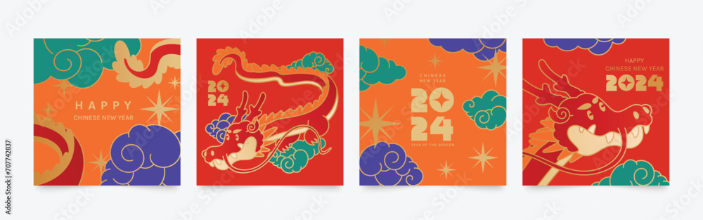 Chinese New Year square cover background vector. Year of the dragon design with dragon, cloud, sparkle. Modern colorful oriental illustration for cover, banner, website, social media, card, poster.