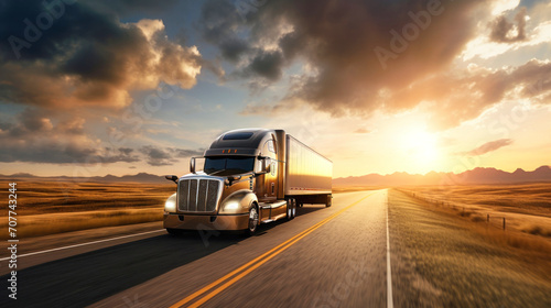 Truck on the highway at sunset. The sun drops below the horizon  casting a warm orange light on an open  powerful semi-trailer with a cargo  rushing into the distance along the highway.