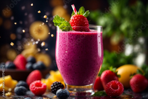 Raspberry and currant berry smoothie in a glass jar with a straw and mint leaf