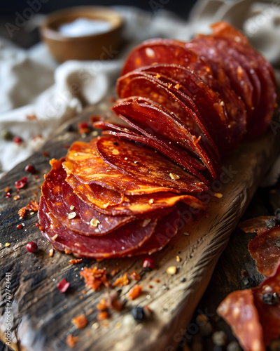 Kulen,, smoked dried sliced spicy beef served on the wooden plate. Balkan traditional food  photo