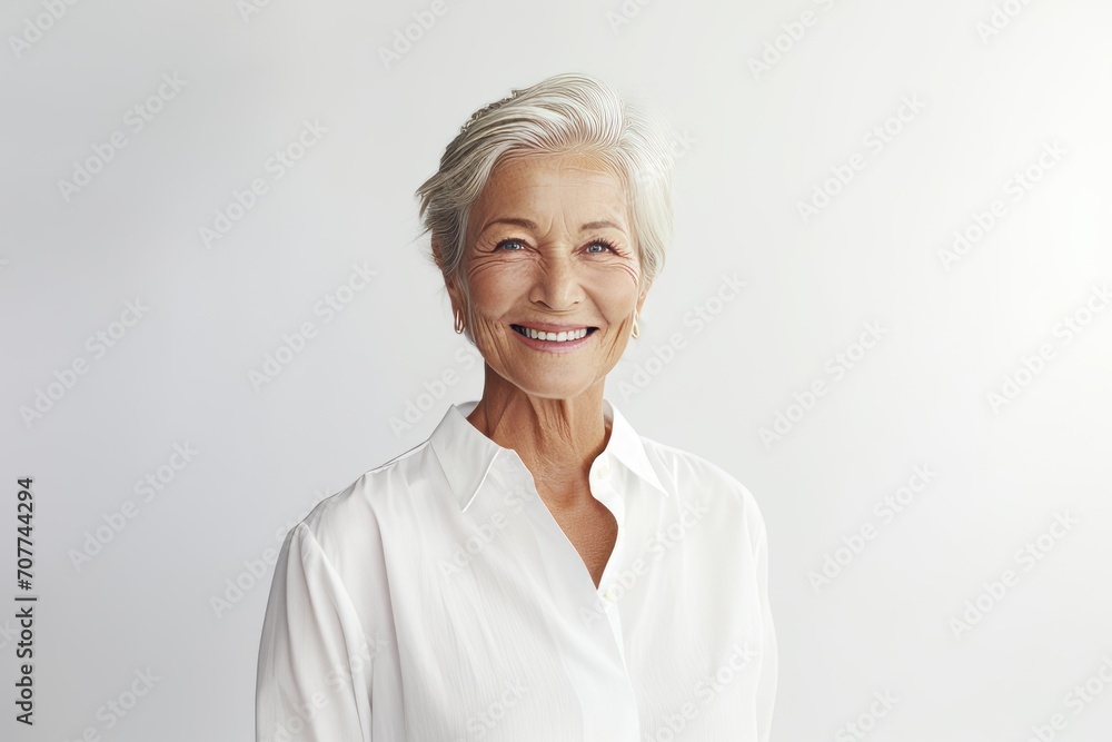 Portrait of smiling senior businesswoman looking at camera against white background Portrait of smiling senior businesswoman looking at camera against white background
