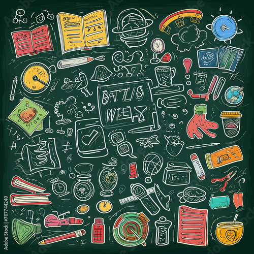 Invoking the back-to-school spirit with a doodle-style poster on a blackboard. Playful objects capture the essence of learning and creativity in a vibrant and engaging manner