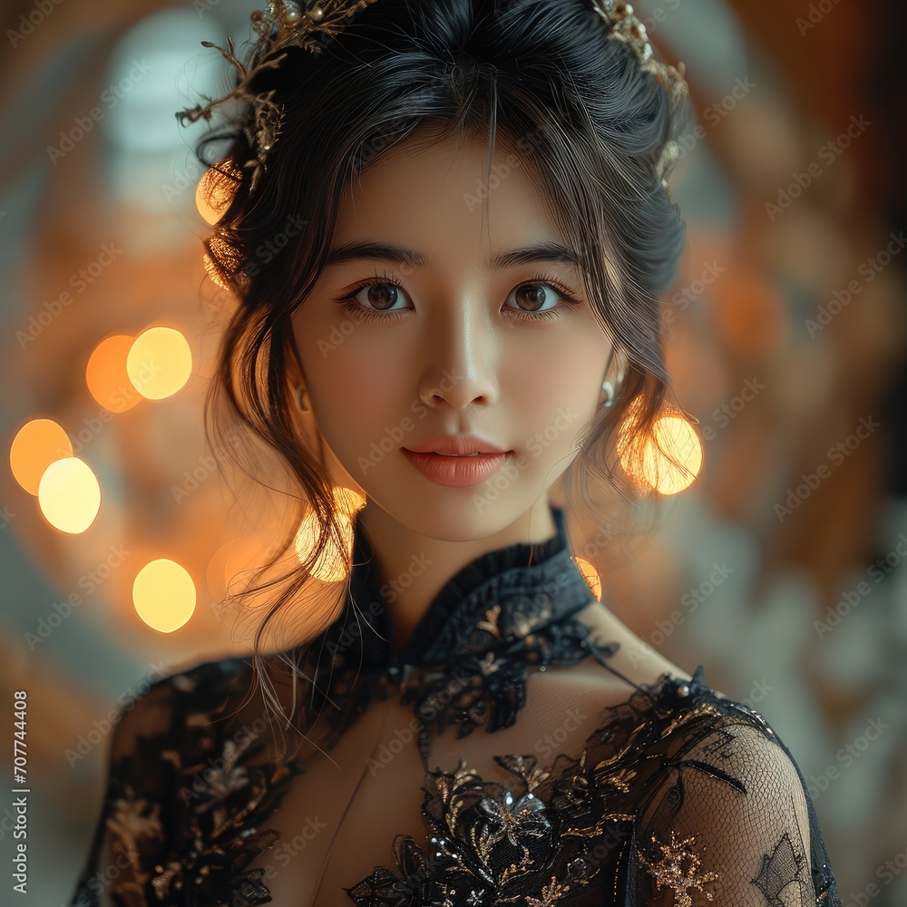 A beautiful Chinese girl in a black dress, High class. Generative AI. A beautiful Chinese girl in a black dress, High class. Generative AI.
