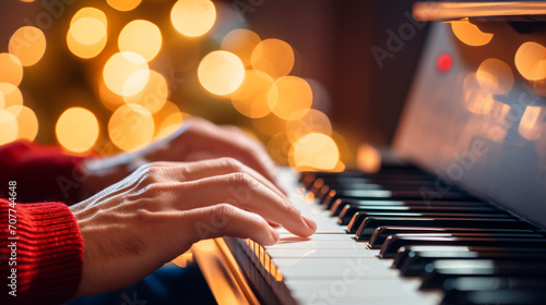 Male hands playing the piano with bokeh lights