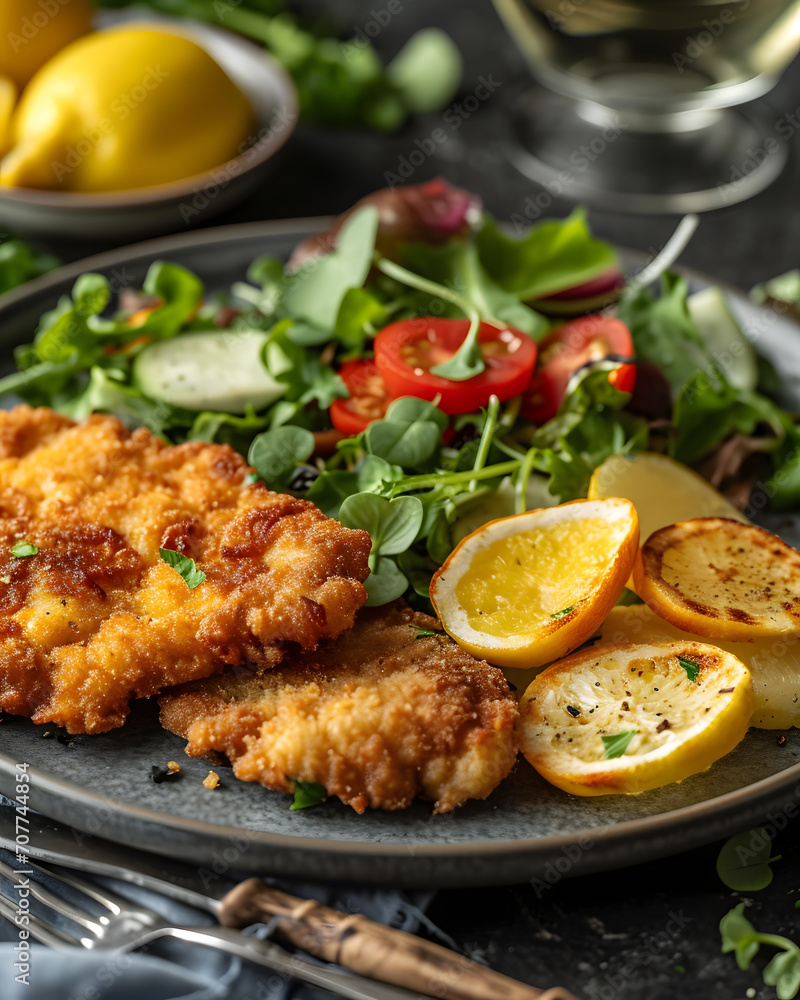 Fresh fried Wiener Schnitzel with some vegetables, slices of lemon. Food concept photo