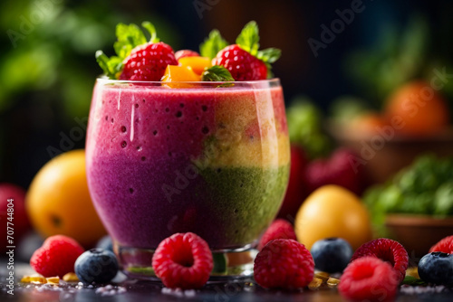 Raspberry and currant berry smoothie in a glass jar with a straw and mint leaf