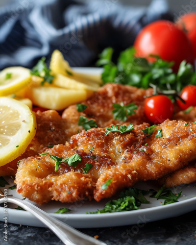 Fresh fried Wiener Schnitzel with some vegetables, slices of lemon. Food concept photo
