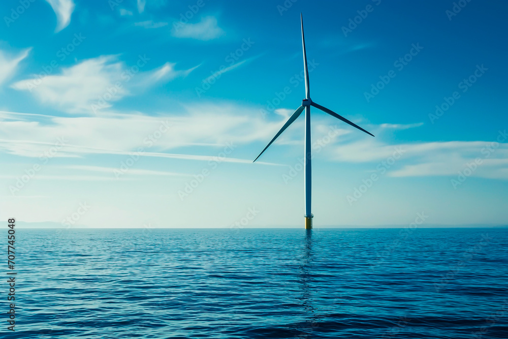 Offshore wind turbine in serene sea, renewable energy and sustainable development.
