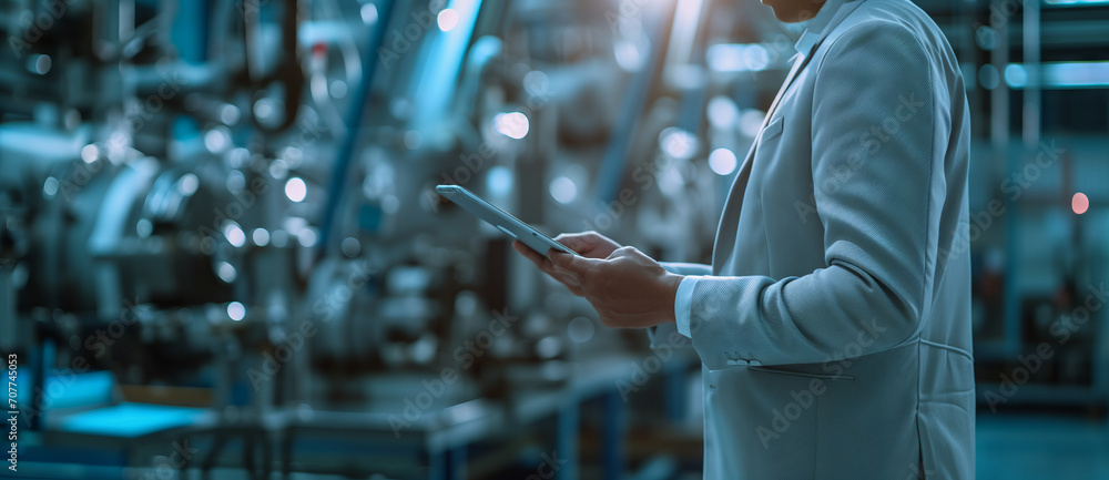 Supervising Automation: Engineer Manager Overseeing Equipment in an Intelligent Industrial Factory with Real-Time Monitoring System Supervising Automation: Engineer Manager Overseeing Equipment in an Intelligent Industrial Factory with Real-Time Monitoring System