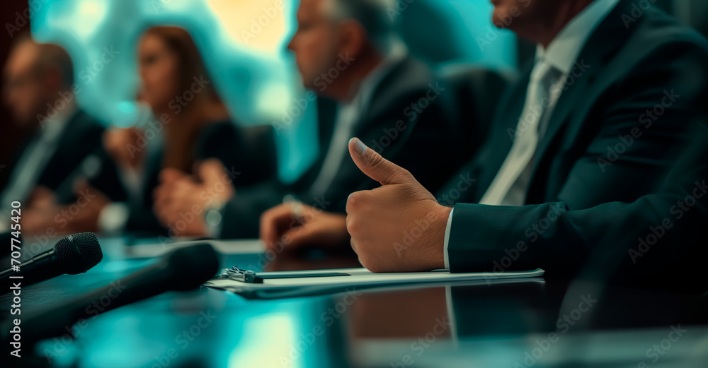 Close-Up: Caucasian Male Representative Speaking at Economic Conference. Businessman Gives an Interview. The Head of the Company and His Representatives at the Hearing. - obrazy, fototapety, plakaty 