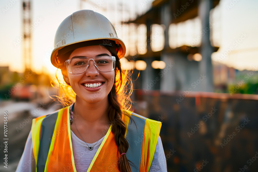 Female site manager overlooking a construction site. Concept of women in engineering and construction. Shallow field of view. Female site manager overlooking a construction site. Concept of women in engineering and construction. Shallow field of view.