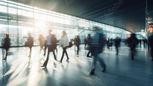 Image of people in the lobby of a modern business center, crowed with a blurred background