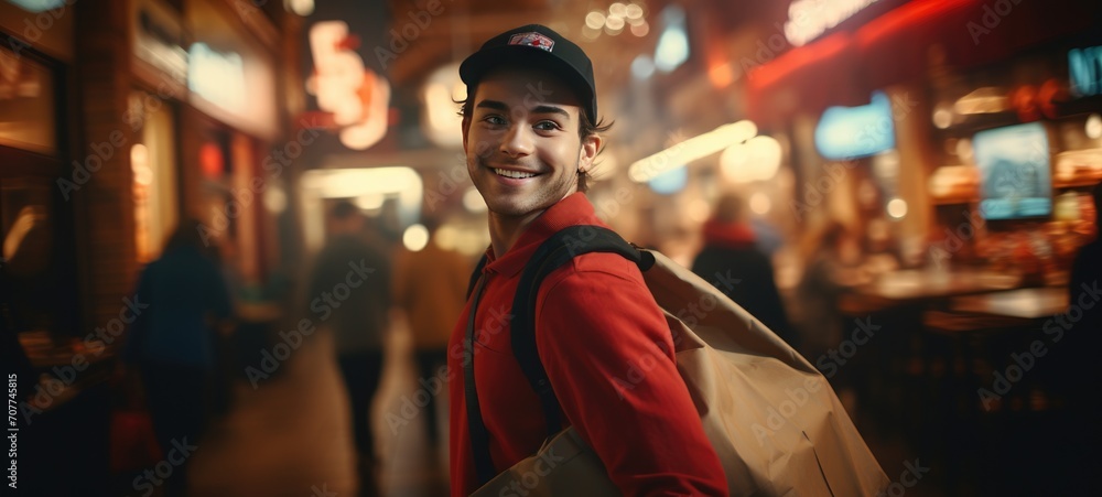 male Pizza Delivery with Delivery bag on Blur cafe, restaurant background male Pizza Delivery with Delivery bag on Blur cafe, restaurant background