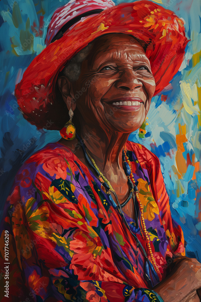 Artistic Oil Portrait of a Beautiful Smiling Creole Grandmother: Radiant Joy Captured on Canvas, Adorned in Vibrant Traditional Attire, Celebrating the Rich Cultural Heritage with Grace and Elegance