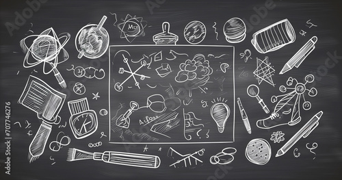 Invoking the back-to-school spirit with a doodle-style poster on a blackboard. Playful objects capture the essence of learning and creativity in a vibrant and engaging manner