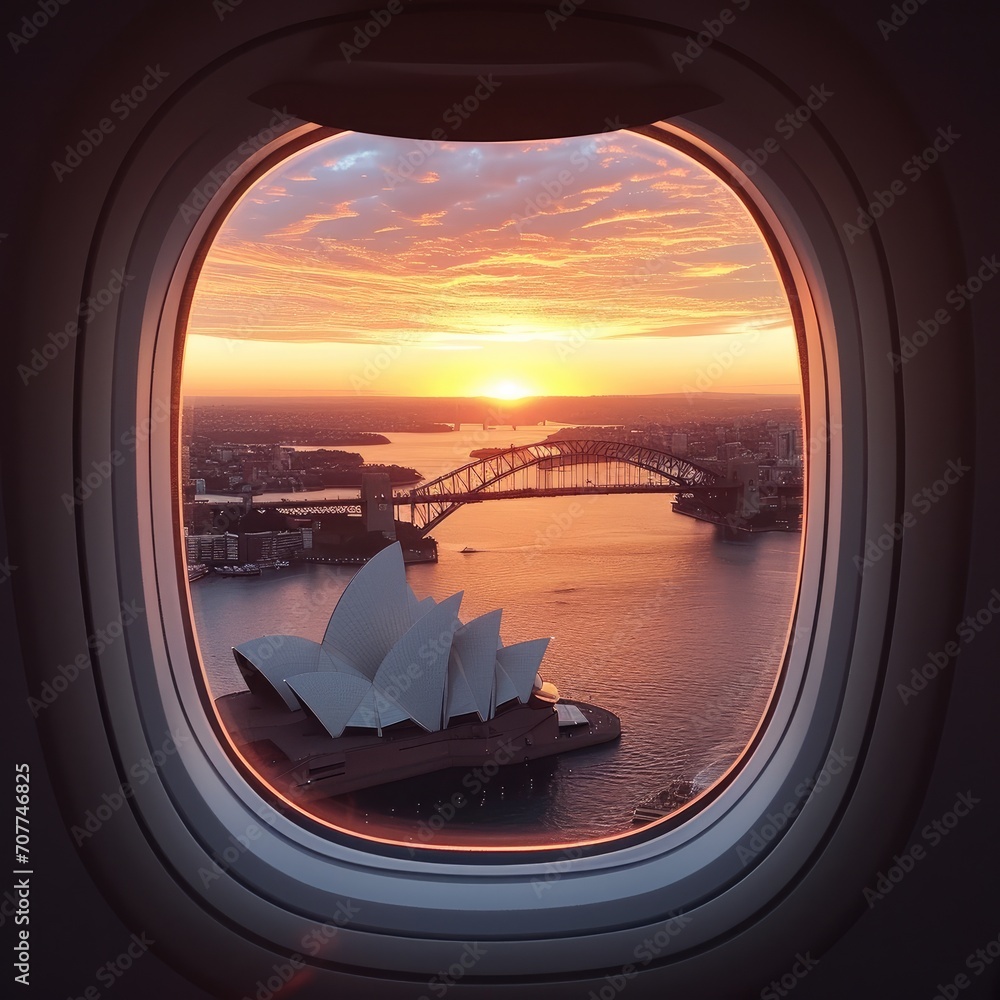 Sydney city view at beautiful sunset, Plane window, Opera house. Generative AI.