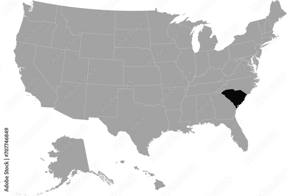 Black Map of US federal state of South Carolina within gray map of United States of America