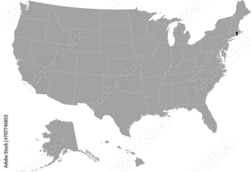 Black Map of US federal state of Rhode Island within gray map of United States of America