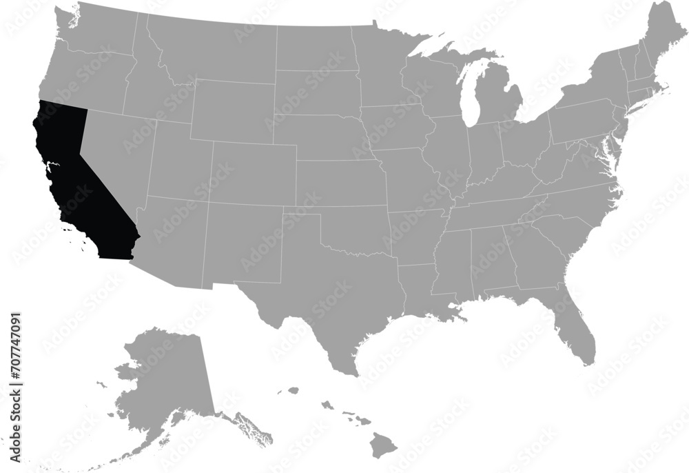 Black Map of US federal state of California within gray map of United States of America