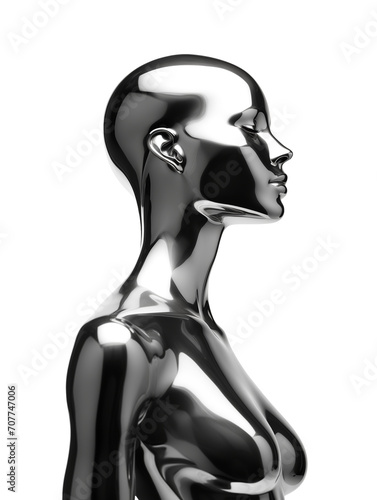 Futuristic chrome woman mannequin isolated. Shiny gloss metal human sculpture. Y2K liquid metal music poster photo