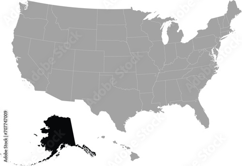 Black Map of US federal state of Alaska within gray map of United States of America