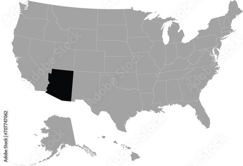 Black Map of US federal state of Arizona within gray map of United States of America